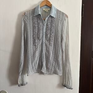 90s Vintage Adolfo Blue Sheer Stretch Lace Tuxedo Style Button Down shirt Medium